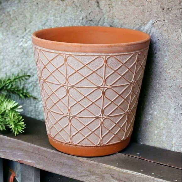 Small Terracotta Planter Raised Pattern With Brushed White 5 Inches Bohemian Pot - Picture 1 of 12